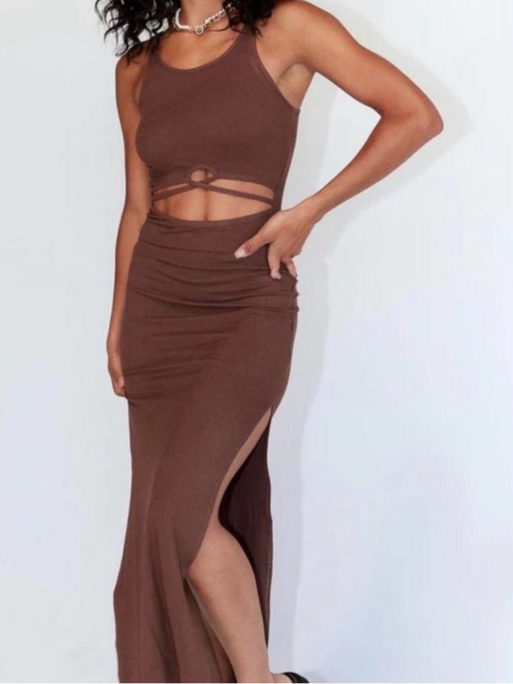 Princess Polly Ribbed Tank Dress in Chocolate Brown